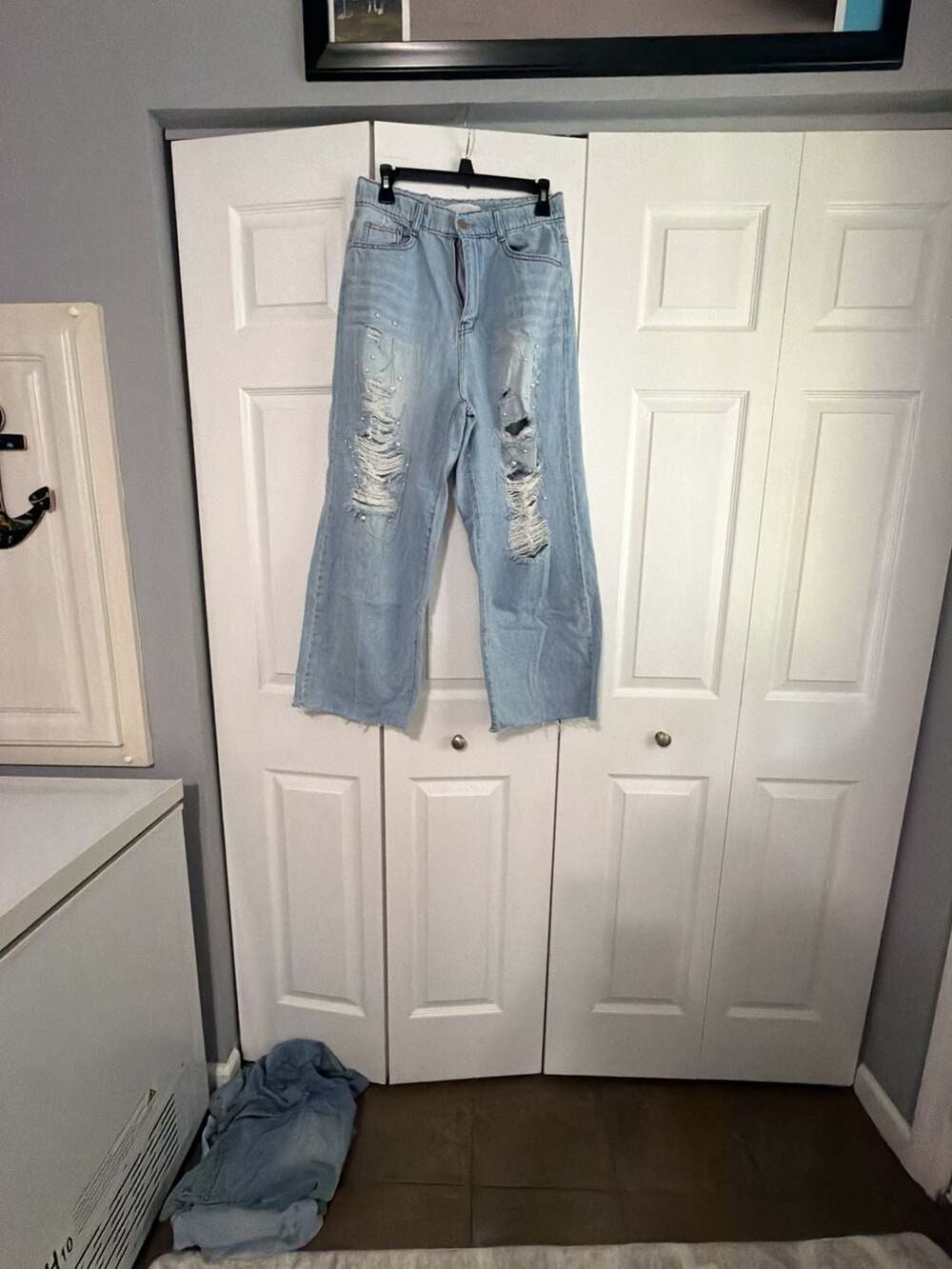 Global Howluk Distressed Wide-Leg Denim Jeans with Pearl Embellishments